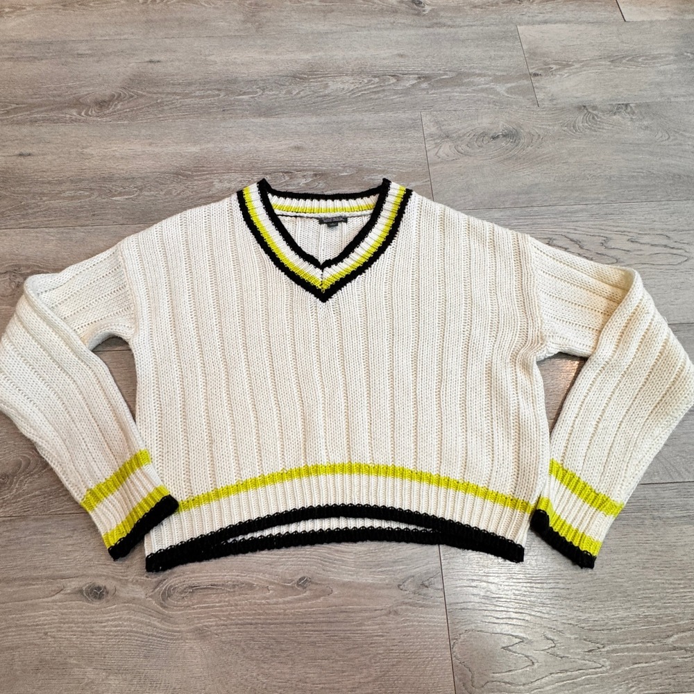 Wild Fable Womens Cream Knit V Neck Sweater Tennis Style Neon Stripe‎ Small S